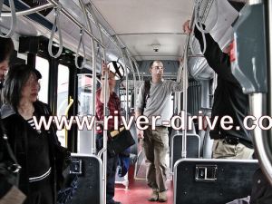 Bus straps inside a bus.